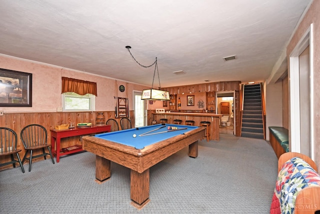7423 View Place Dr, Springfield Twp, OH 45224 - rec room featuring carpet flooring, wood walls, billiards, and wainscoting