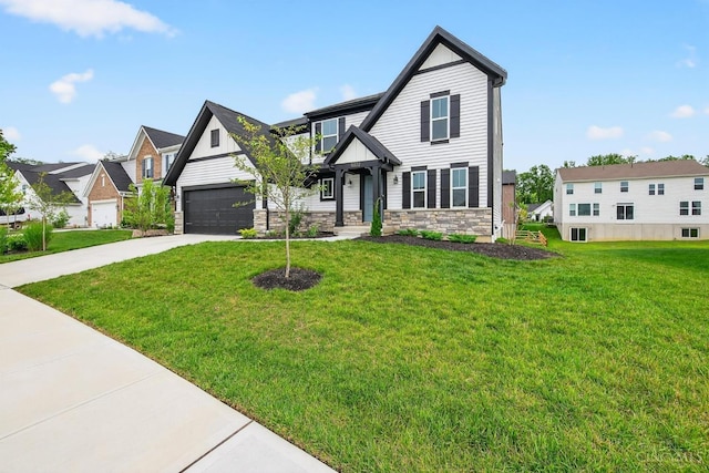 5322 Observer Ct, Turtle Creek Twp, OH 45036 - craftsman inspired home with stone siding, driveway, a front yard, a residential view, and a garage