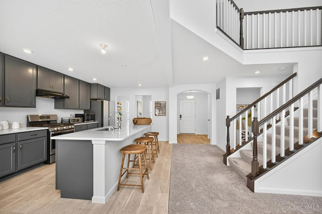 5322 Observer Ct, Turtle Creek Twp, OH 45036 - kitchen featuring stainless steel appliances, under cabinet range hood, light wood-style flooring, a kitchen breakfast bar, and arched walkways