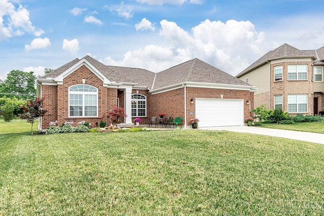 9302 W Meadow Dr, West Chester, OH 45069 - ranch-style home featuring driveway, a garage, brick siding, a front yard, and a shingled roof