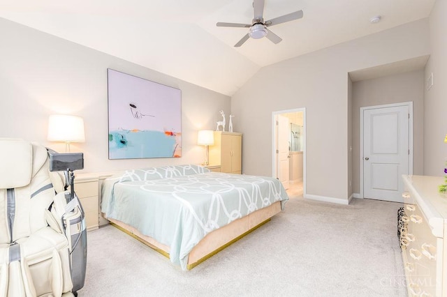 9302 W Meadow Dr, West Chester, OH 45069 - bedroom featuring light colored carpet, lofted ceiling, ensuite bathroom, and a ceiling fan