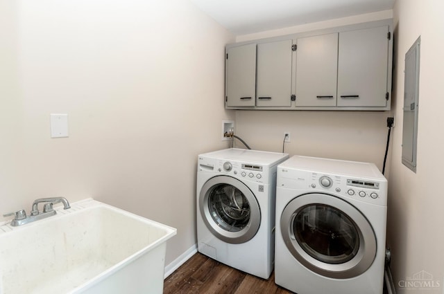 601 Comet Dr, Union Twp, OH 45244 - washroom with cabinet space, washing machine and clothes dryer, dark wood-type flooring, and electric panel