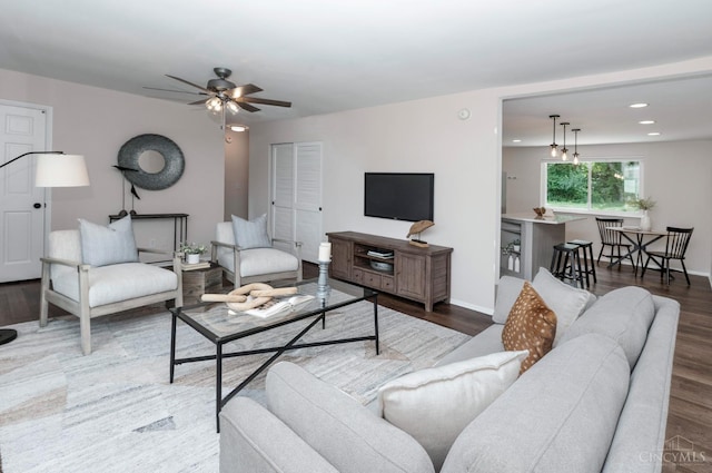 601 Comet Dr, Union Twp, OH 45244 - living area featuring wood finished floors, ceiling fan, and recessed lighting