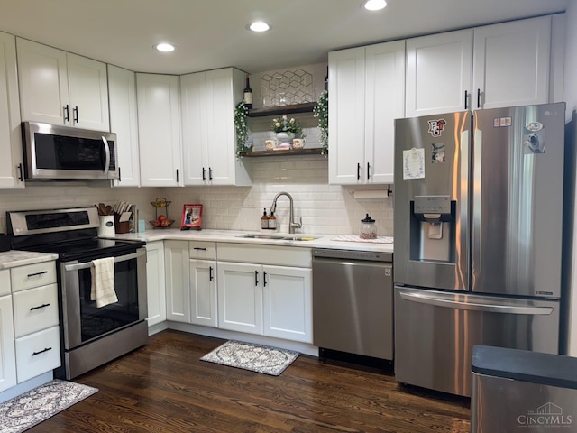 4 Creekwood Sq, Glendale, OH 45246 - kitchen featuring stainless steel appliances, light countertops, open shelves, white cabinetry, and recessed lighting