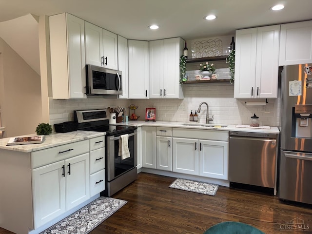 4 Creekwood Sq, Glendale, OH 45246 - kitchen featuring stainless steel appliances, open shelves, white cabinets, and recessed lighting