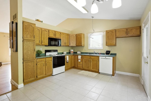 4653 Cardinal Dr, Union Twp, OH 45244 - kitchen featuring white appliances, dark countertops, brown cabinets, high vaulted ceiling, and decorative light fixtures