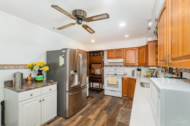 1107 Covedale Ave, Cincinnati, OH 45238 - kitchen with white electric range oven, stainless steel fridge with ice dispenser, ceiling fan, under cabinet range hood, and dark wood-type flooring