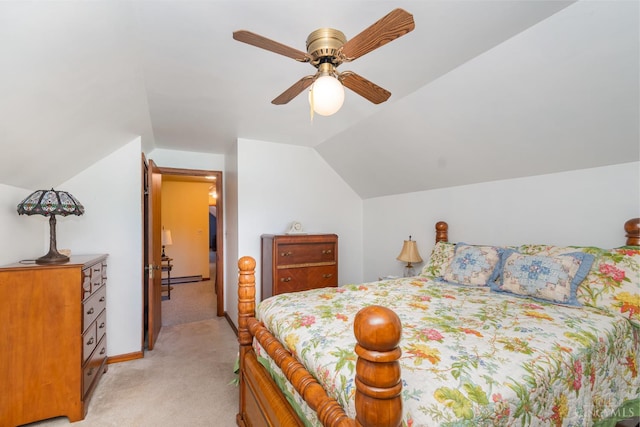 1107 Covedale Ave, Cincinnati, OH 45238 - bedroom with light carpet, lofted ceiling, a baseboard radiator, and a ceiling fan