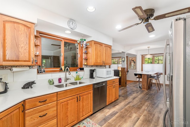 1107 Covedale Ave, Cincinnati, OH 45238 - kitchen featuring appliances with stainless steel finishes, open shelves, ceiling fan, wood finished floors, and recessed lighting