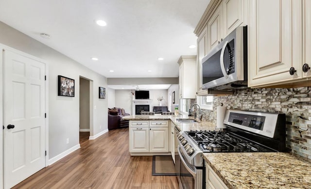 5817 Countryview Ter, Delhi Twp, OH 45233 - kitchen featuring stainless steel appliances, a fireplace, light wood-style flooring, tasteful backsplash, and open floor plan