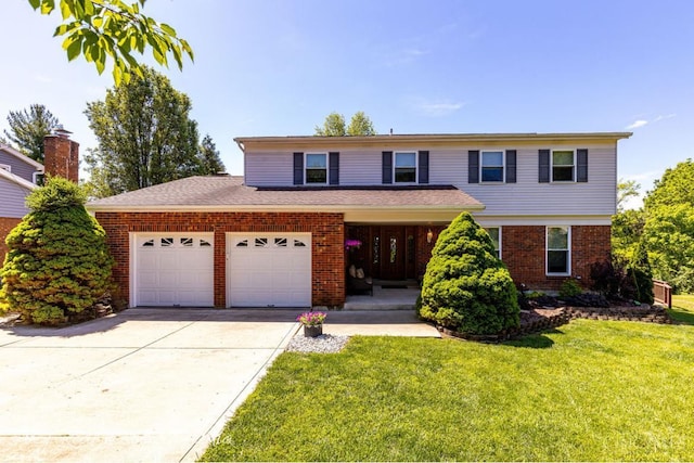 5817 Countryview Ter, Delhi Twp, OH 45233 - traditional-style home with a garage, brick siding, a front yard, driveway, and covered porch