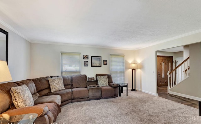 5817 Countryview Ter, Delhi Twp, OH 45233 - living area with crown molding, carpet flooring, and stairs