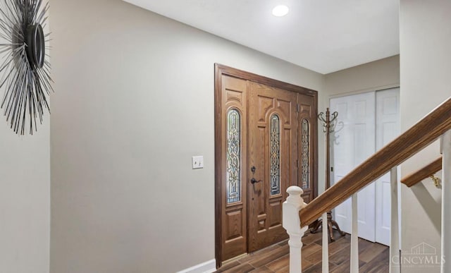 5817 Countryview Ter, Delhi Twp, OH 45233 - entrance foyer featuring wood finished floors, stairs, and recessed lighting