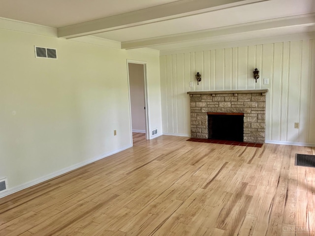 2035 Miles Rd, Cincinnati, OH 45231 - unfurnished living room featuring beam ceiling, light wood-style flooring, and a stone fireplace
