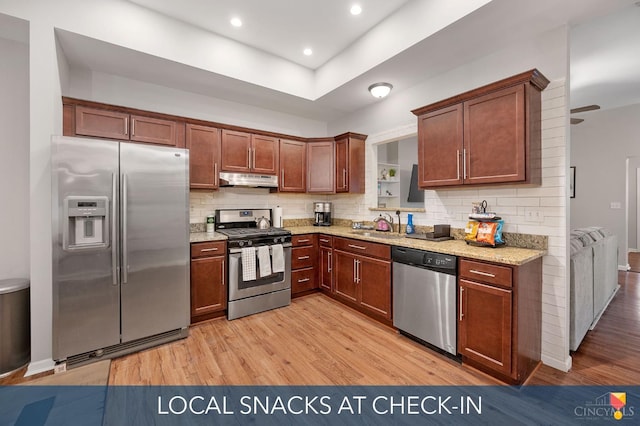 2711 Price Ave, Cincinnati, OH 45204 - kitchen with stainless steel appliances, light wood finished floors, under cabinet range hood, backsplash, and recessed lighting
