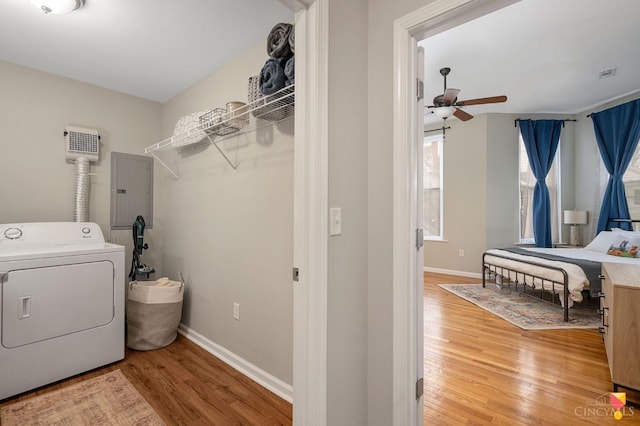2711 Price Ave, Cincinnati, OH 45204 - washroom with washer / dryer, ceiling fan, light wood-type flooring, and electric panel