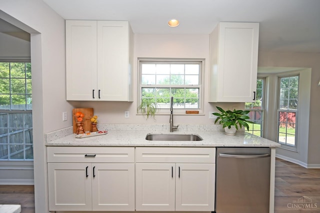 1055 Valley Wood Dr, Union Twp, OH 45103 - kitchen featuring dishwasher, white cabinetry, light stone counters, and recessed lighting