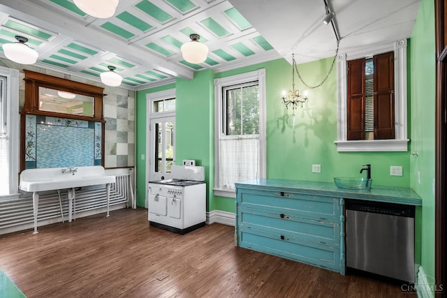 2153 Sinton Ave, Cincinnati, OH 45206 - bathroom with wood finished floors, two vanities, and coffered ceiling