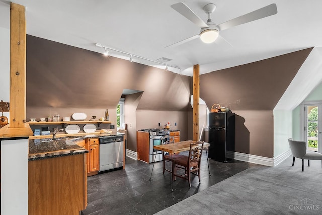 2153 Sinton Ave, Cincinnati, OH 45206 - kitchen with stainless steel appliances, track lighting, a ceiling fan, brown cabinets, and open shelves