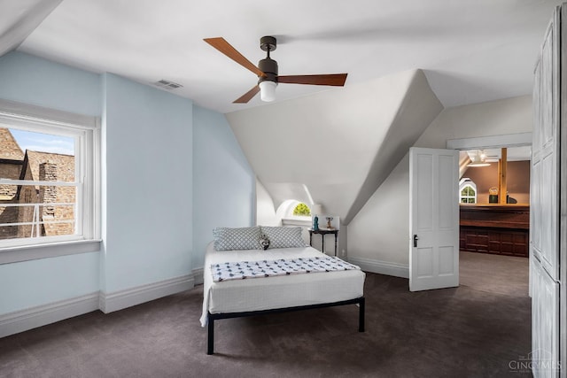 2153 Sinton Ave, Cincinnati, OH 45206 - bedroom with lofted ceiling, dark carpet, and ceiling fan