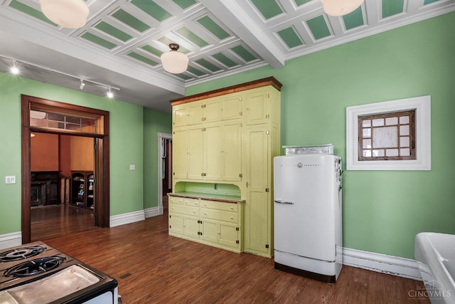 2153 Sinton Ave, Cincinnati, OH 45206 - kitchen featuring fridge, dark wood-style flooring, green cabinetry, range, and rail lighting