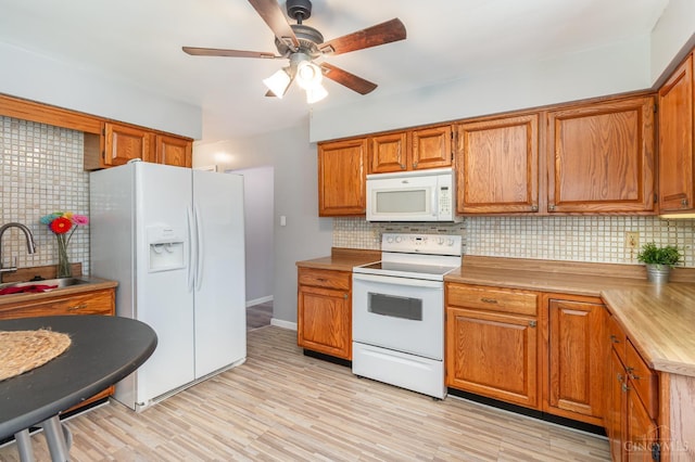 1127 Anderson Fry, Delhi Twp, OH 45238 - kitchen with white appliances, decorative backsplash, a ceiling fan, and brown cabinetry