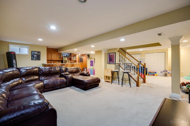 5088 Harvestdale Dr, Mason, OH 45040 - living room with ornate columns, carpet floors, recessed lighting, bar, and stairs