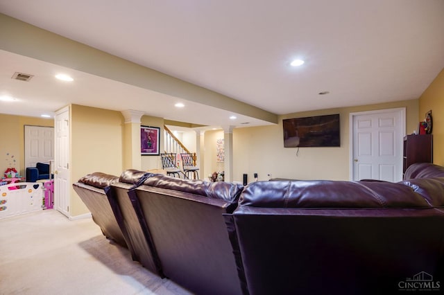 5088 Harvestdale Dr, Mason, OH 45040 - home theater with light colored carpet, recessed lighting, and ornate columns