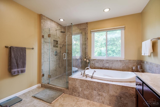 5088 Harvestdale Dr, Mason, OH 45040 - full bathroom with a bath, a stall shower, vanity, tile patterned flooring, and recessed lighting