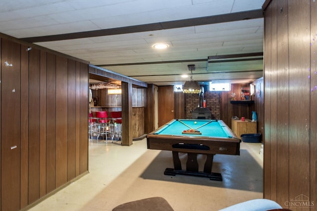 4321 Delhi, Delhi Twp, OH 45238 - playroom featuring wood walls, a wood stove, a bar, and billiards