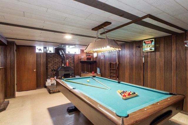 4321 Delhi, Delhi Twp, OH 45238 - game room with wooden walls, a wood stove, and billiards