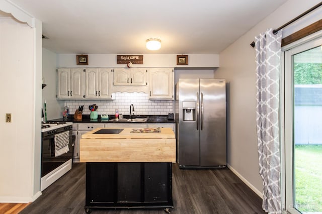 4321 Delhi, Delhi Twp, OH 45238 - kitchen with stainless steel fridge with ice dispenser, white gas range, dark wood-type flooring, tasteful backsplash, and wooden counters