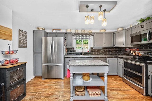 5744 Melody Ln, Milford, OH 45150 - kitchen featuring stainless steel appliances, gray cabinetry, tasteful backsplash, and hanging light fixtures
