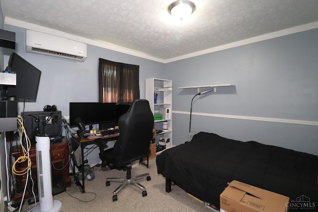 416 N Broadway St, Blanchester, OH 45107 - bedroom featuring a wall mounted air conditioner, a textured ceiling, carpet flooring, and a desk
