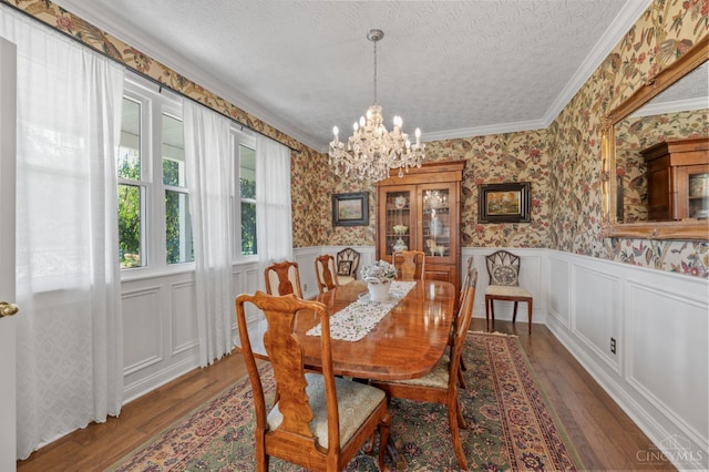 6911 Cozaddale Rd, Goshen, OH 45122 - dining space with wallpapered walls, a wainscoted wall, hardwood / wood-style flooring, and a chandelier