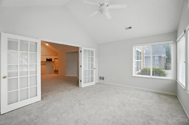 1300 Muirfield, Miami Twp, OH 45150 - carpeted spare room with french doors, high vaulted ceiling, and ceiling fan