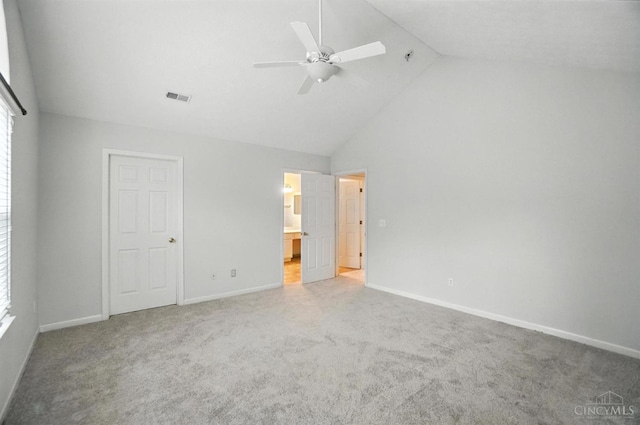1300 Muirfield, Miami Twp, OH 45150 - unfurnished bedroom featuring high vaulted ceiling, carpet, ensuite bath, and a ceiling fan