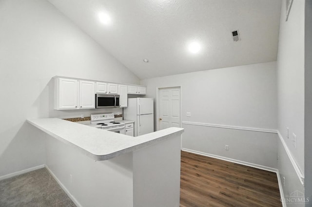 1300 Muirfield, Miami Twp, OH 45150 - kitchen with white appliances, light countertops, white cabinets, a peninsula, and high vaulted ceiling