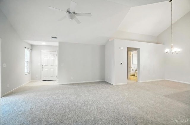 1300 Muirfield, Miami Twp, OH 45150 - spare room with a ceiling fan, light colored carpet, a chandelier, and vaulted ceiling