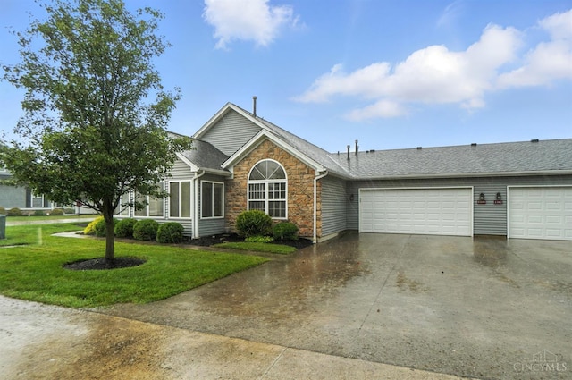 1300 Muirfield, Miami Twp, OH 45150 - ranch-style house featuring stone siding, concrete driveway, an attached garage, a front lawn, and a shingled roof