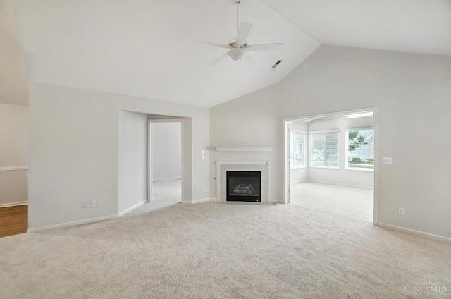 1300 Muirfield, Miami Twp, OH 45150 - unfurnished living room featuring ceiling fan, carpet floors, a fireplace, and high vaulted ceiling