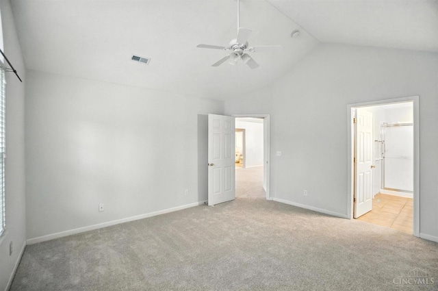 1300 Muirfield, Miami Twp, OH 45150 - unfurnished bedroom with carpet floors, high vaulted ceiling, connected bathroom, and a ceiling fan