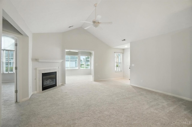 1300 Muirfield, Miami Twp, OH 45150 - unfurnished living room featuring a ceiling fan, a fireplace, carpet flooring, and high vaulted ceiling