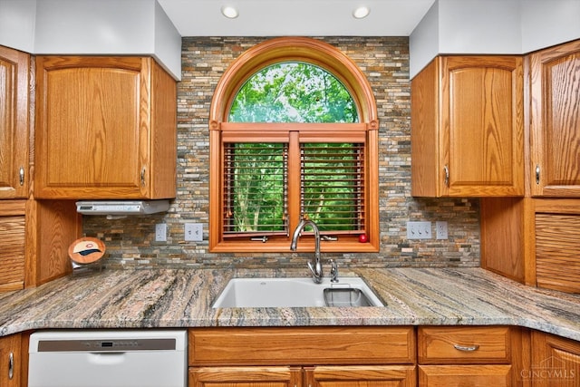 10869 Sand Run Rd, Whitewater Twp, OH 45030 - kitchen featuring white dishwasher, tasteful backsplash, brown cabinets, and recessed lighting