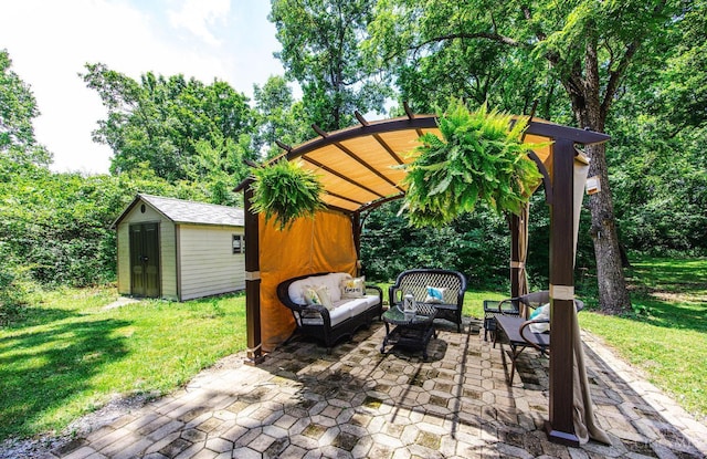 799 Millville Oxford Rd, Hamilton, OH 45013 - view of patio featuring an outdoor living space, a storage unit, and view of scattered trees
