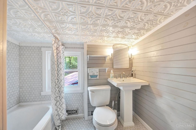 799 Millville Oxford Rd, Hamilton, OH 45013 - full bathroom with an ornate ceiling, wood walls, and tile patterned floors