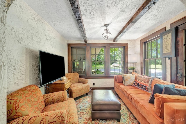 799 Millville Oxford Rd, Hamilton, OH 45013 - living room with a textured wall, beamed ceiling, and a textured ceiling
