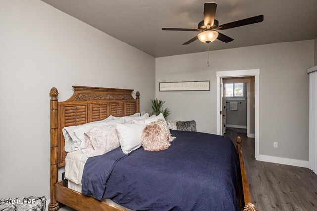 bedroom featuring dark hardwood / wood-style floors and ceiling fan