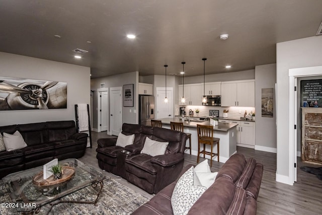 living room featuring sink and hardwood / wood-style floors