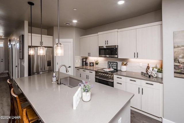 kitchen featuring sink, tasteful backsplash, an island with sink, pendant lighting, and stainless steel appliances